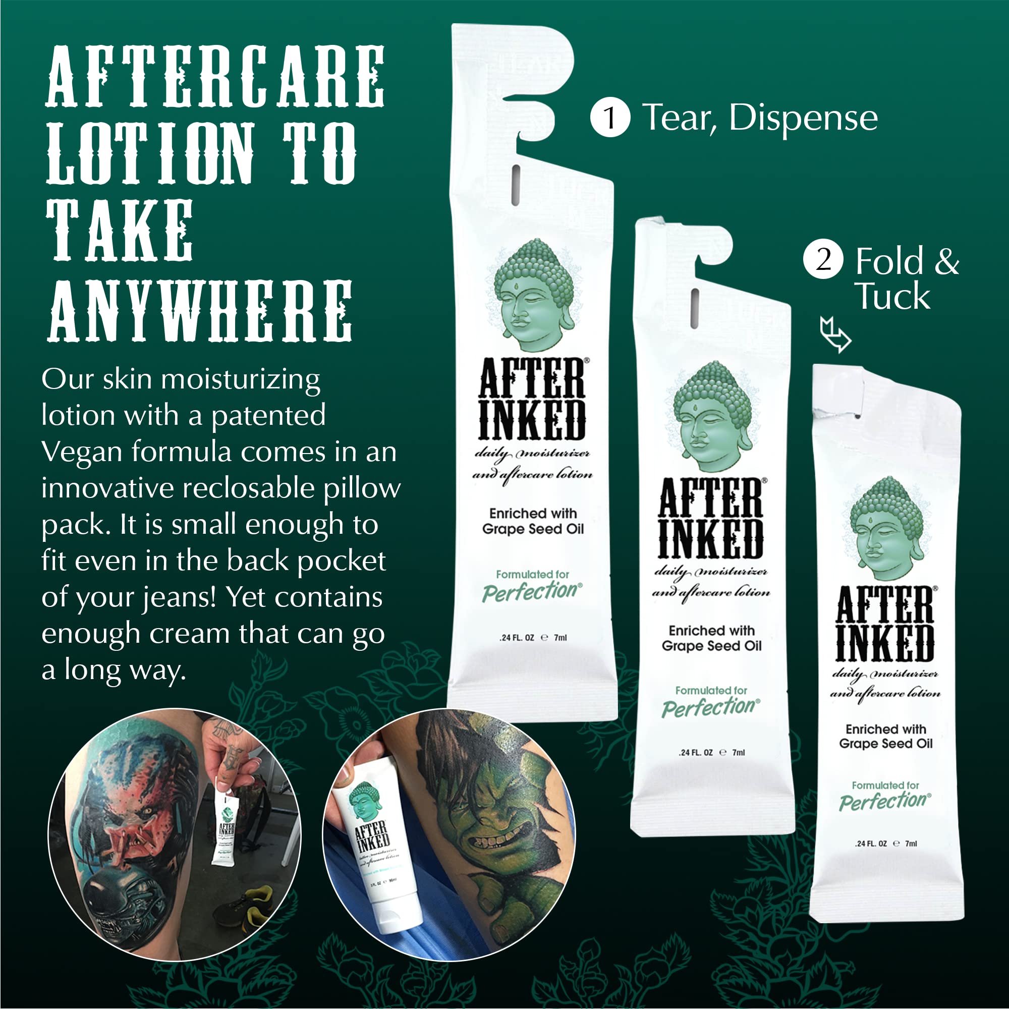 After Inked sobre abierto mostrando textura ligera de la loción, fácil absorción