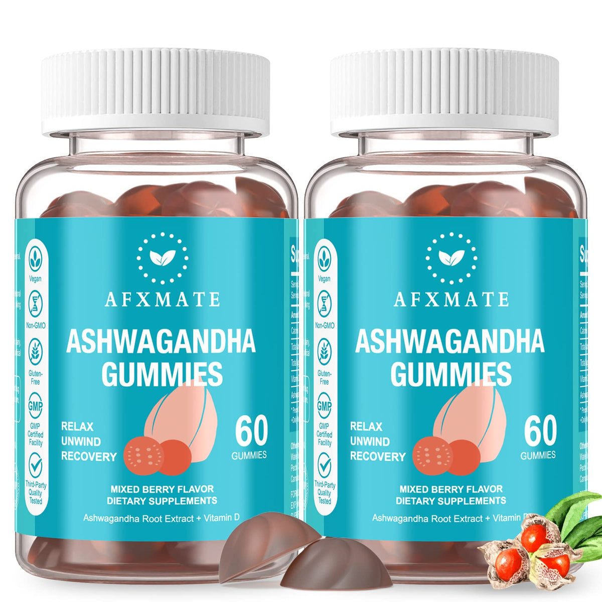 AFXMATE paquete frontal mostrando 120 gomitas y marca, ideal para rutina diaria