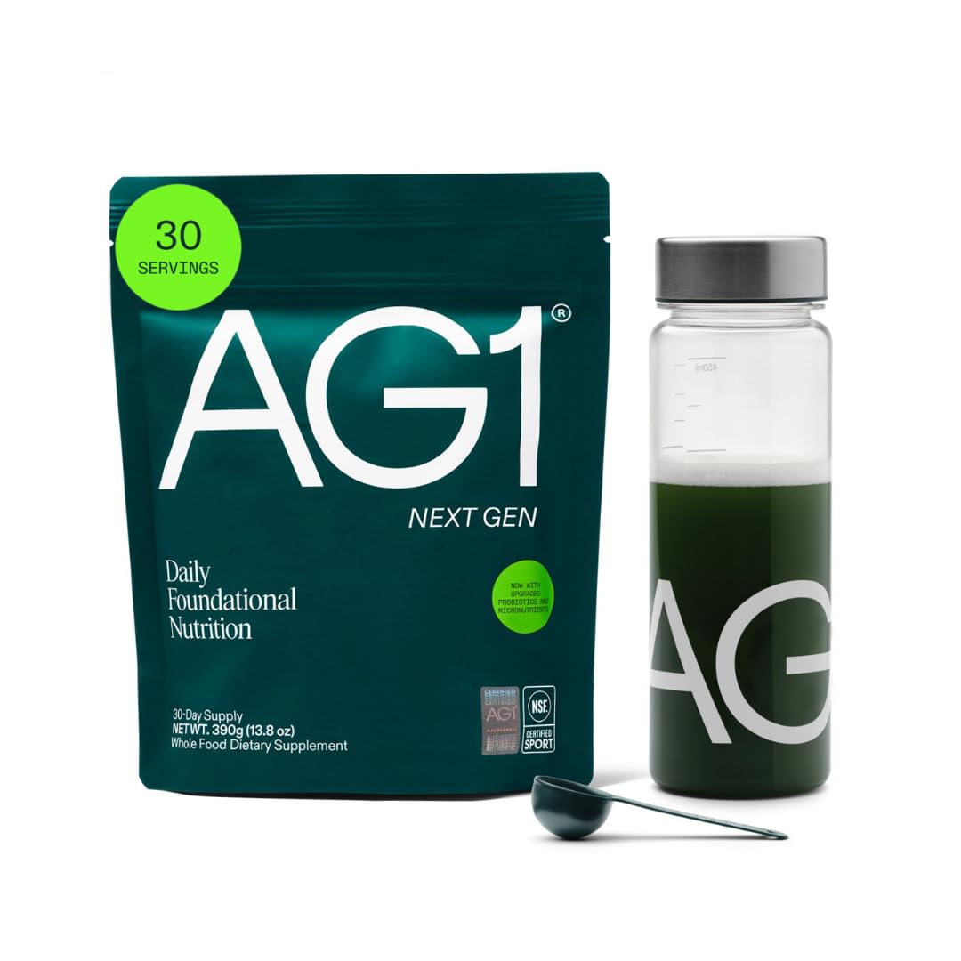 AG1 frente del packaging mostrando el bundle y beneficios claros