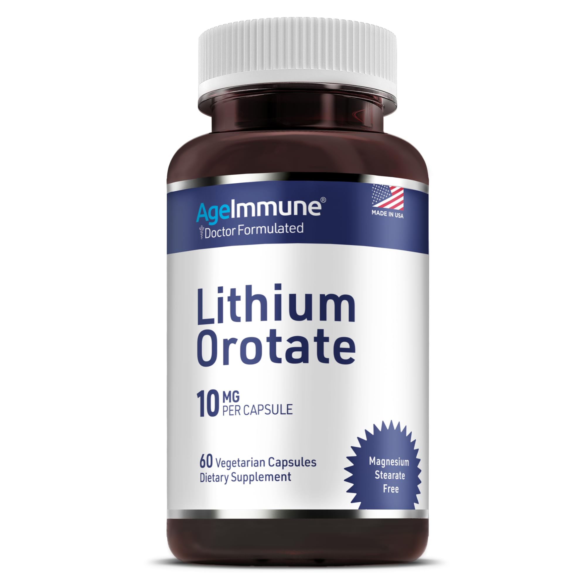 AgeImmune frasco frontal de Lithium Orotate, presentación clara y confiable