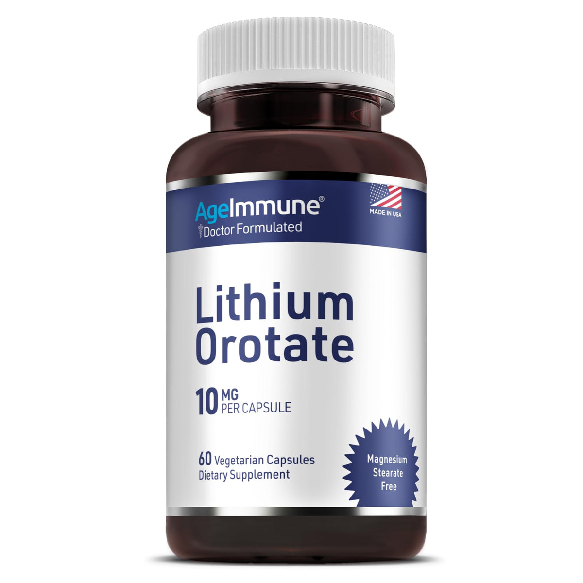 AgeImmune frasco frontal de Lithium Orotate, presentación clara y confiable