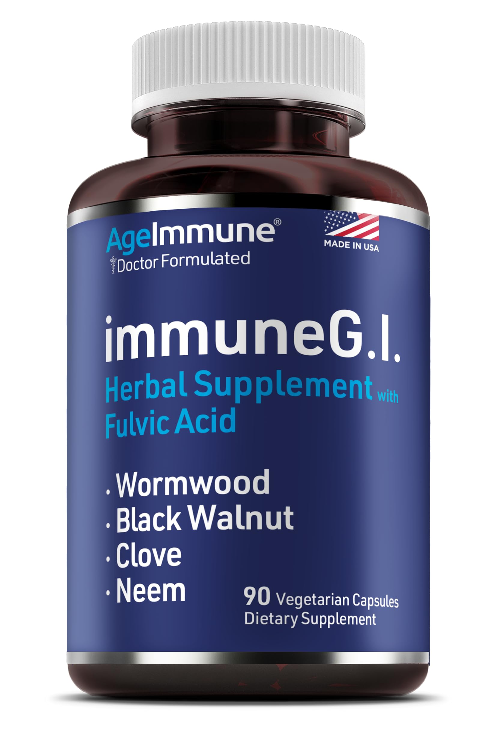 AgeImmune frasco ImmuneG.I. frente mostrando etiqueta clara y beneficios
