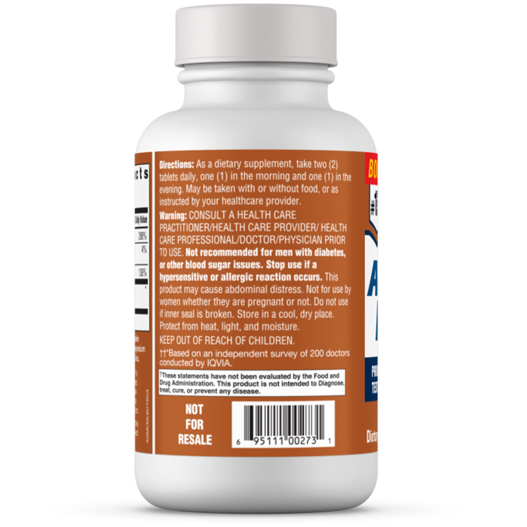 Ageless Male botella abierta con tabletas indicando cantidad por envase