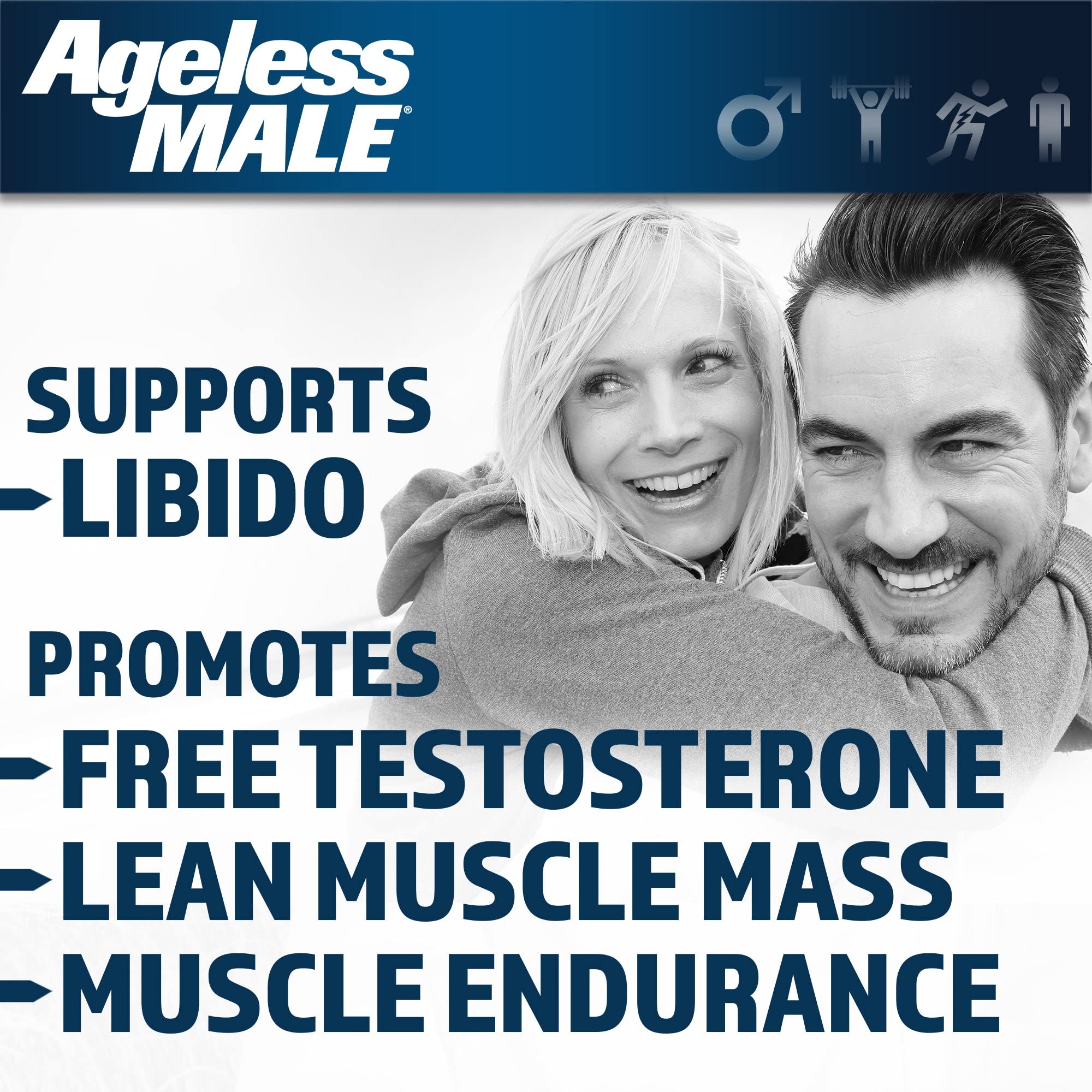 Ageless Male etiqueta con ingredientes y datos clínicos visibles