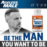 Ageless Male suplemento junto a pesas destacando apoyo al entrenamiento