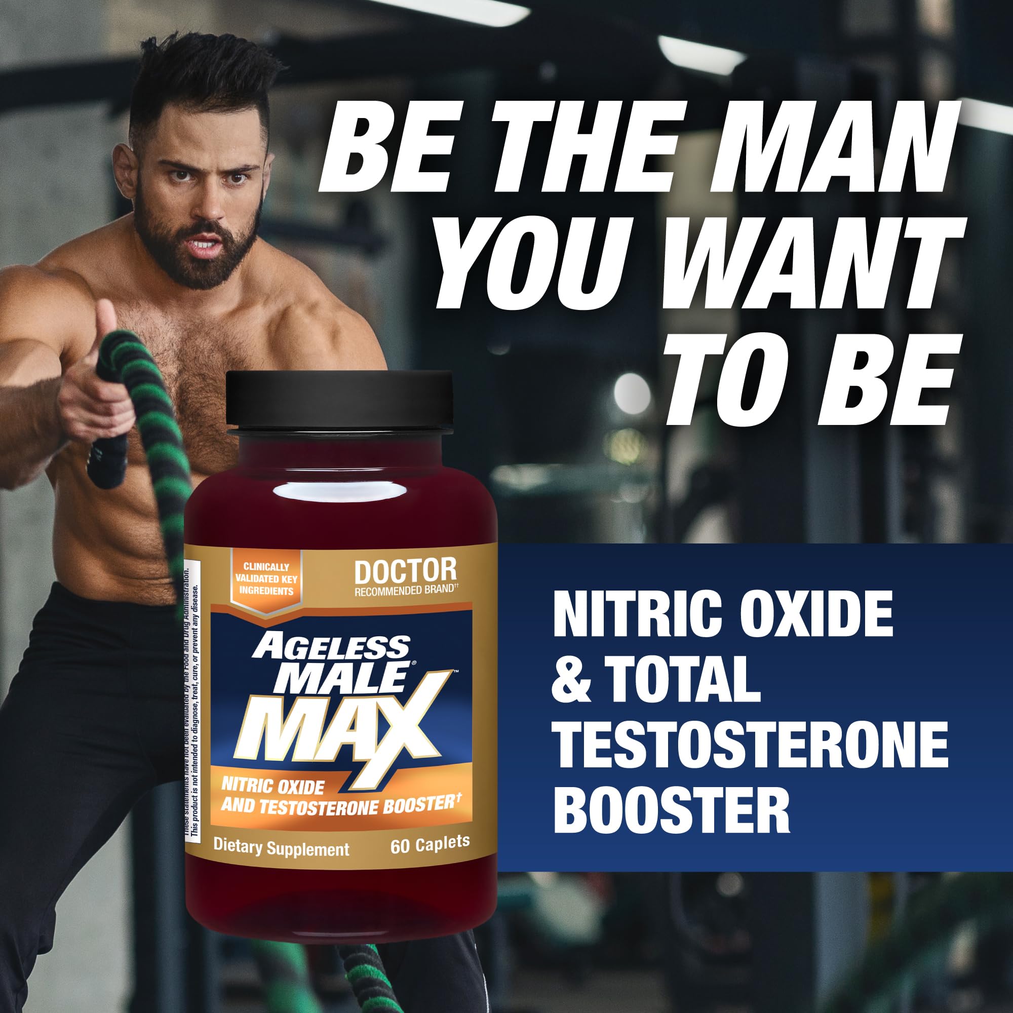 Ageless Male en uso en gimnasio ilustrando apoyo al rendimiento físico