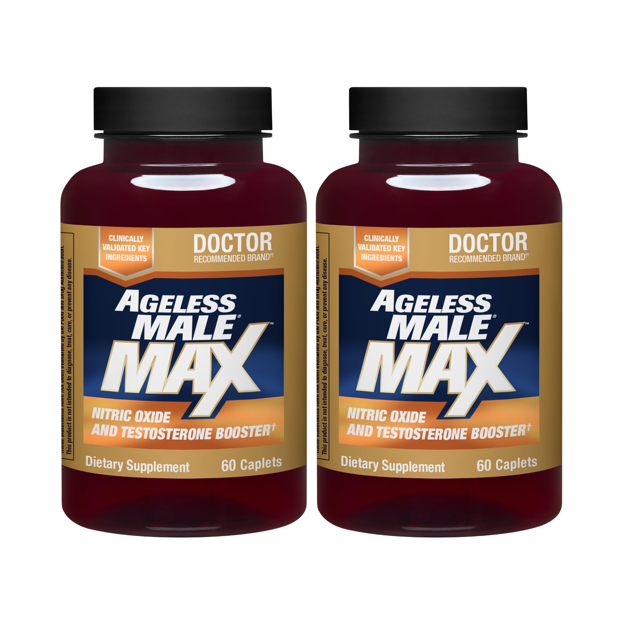 Ageless Male frontal del empaque mostrando 120 caplets y beneficio de apoyo hormonal