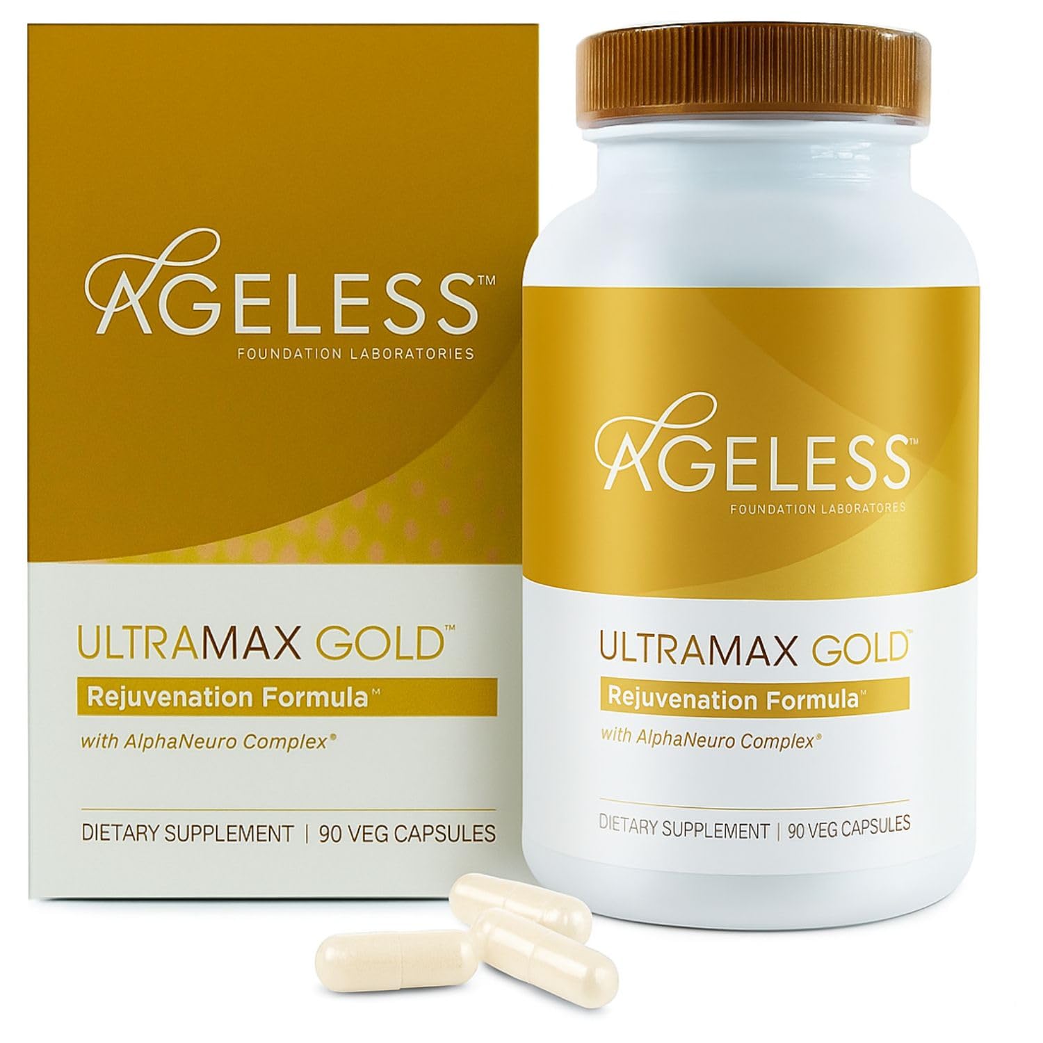 Ageless Ultra MAX Gold frente del empaque mostrando diseño y marca, claridad informativa
