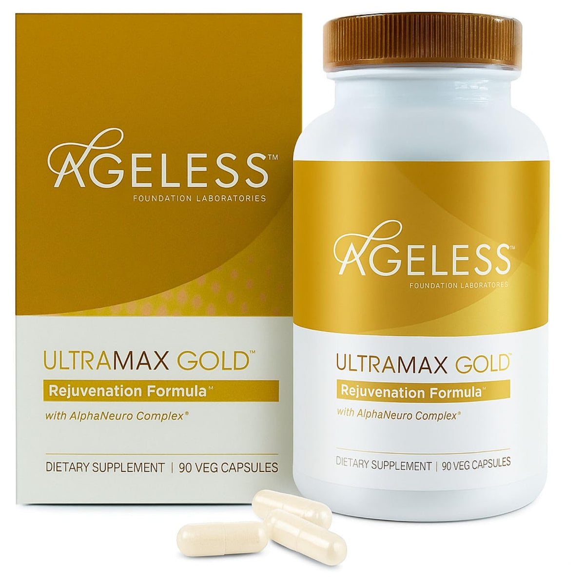Ageless Ultra MAX Gold frente del empaque mostrando diseño y marca, claridad informativa