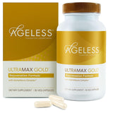 Ageless Ultra MAX Gold frente del empaque mostrando diseño y marca, claridad informativa