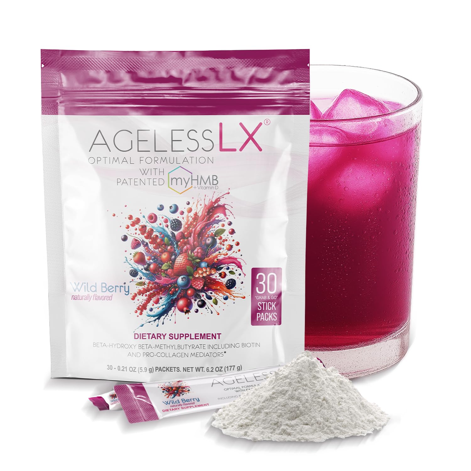 AgelessLX empaque frontal wild berry mostrando sobres y beneficios