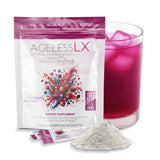 AgelessLX empaque frontal wild berry mostrando sobres y beneficios