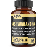 agobi frasco delantero mostrando ashwagandha y 7 hierbas, beneficio claridad de uso