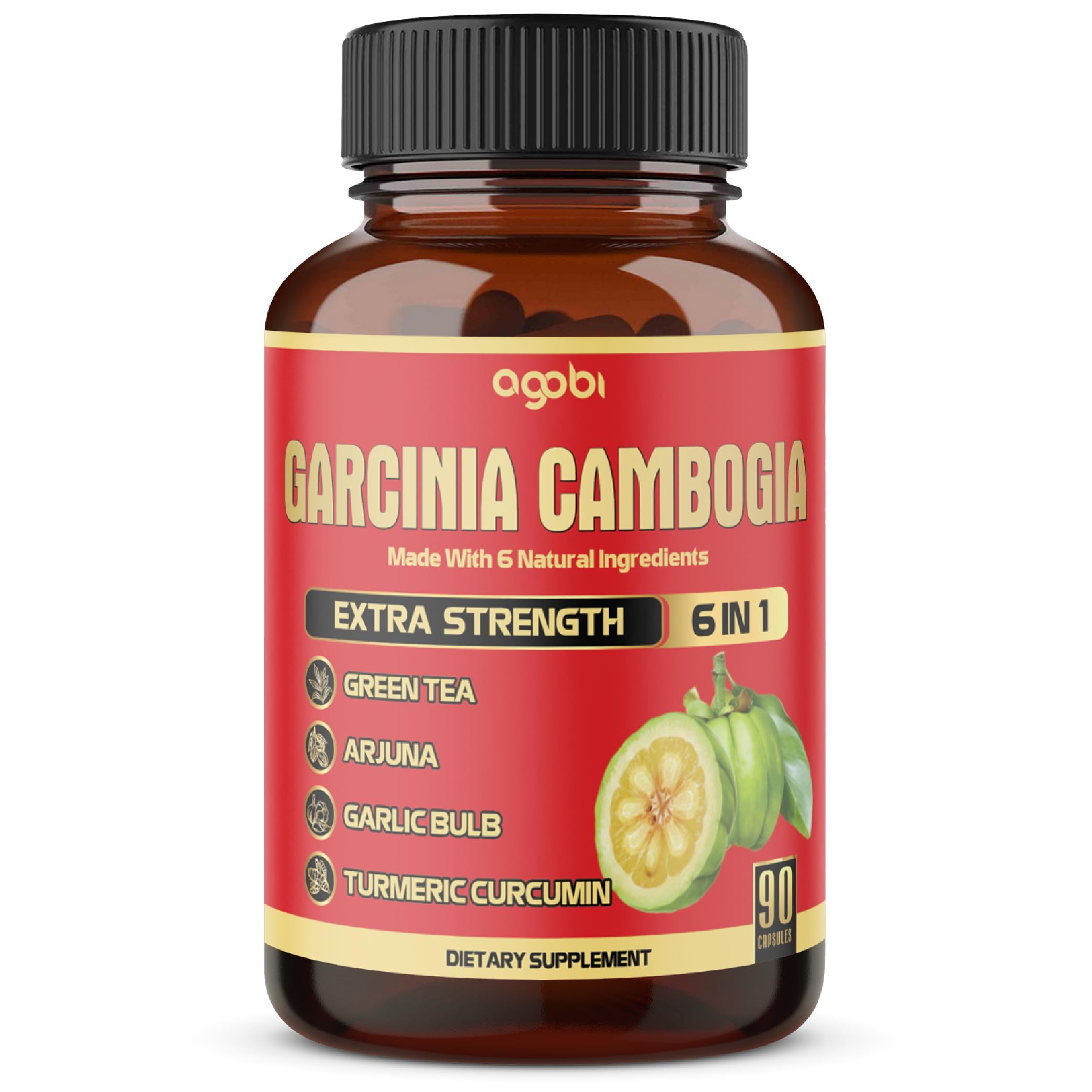 agobi envase frontal de Pure Garcinia Cambogia 6in1 mostrando 90 cápsulas y beneficios