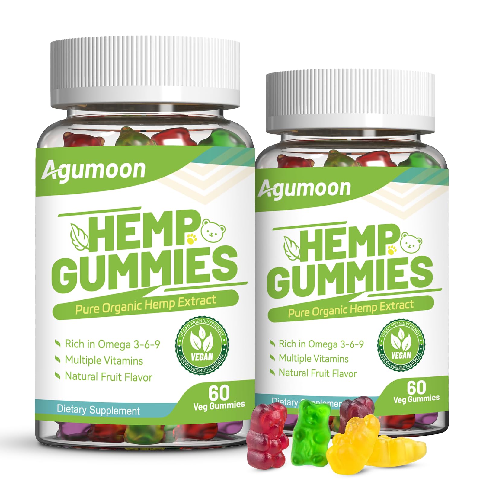 Agumoon frontal del empaque mostrando 120 gominolas y beneficios