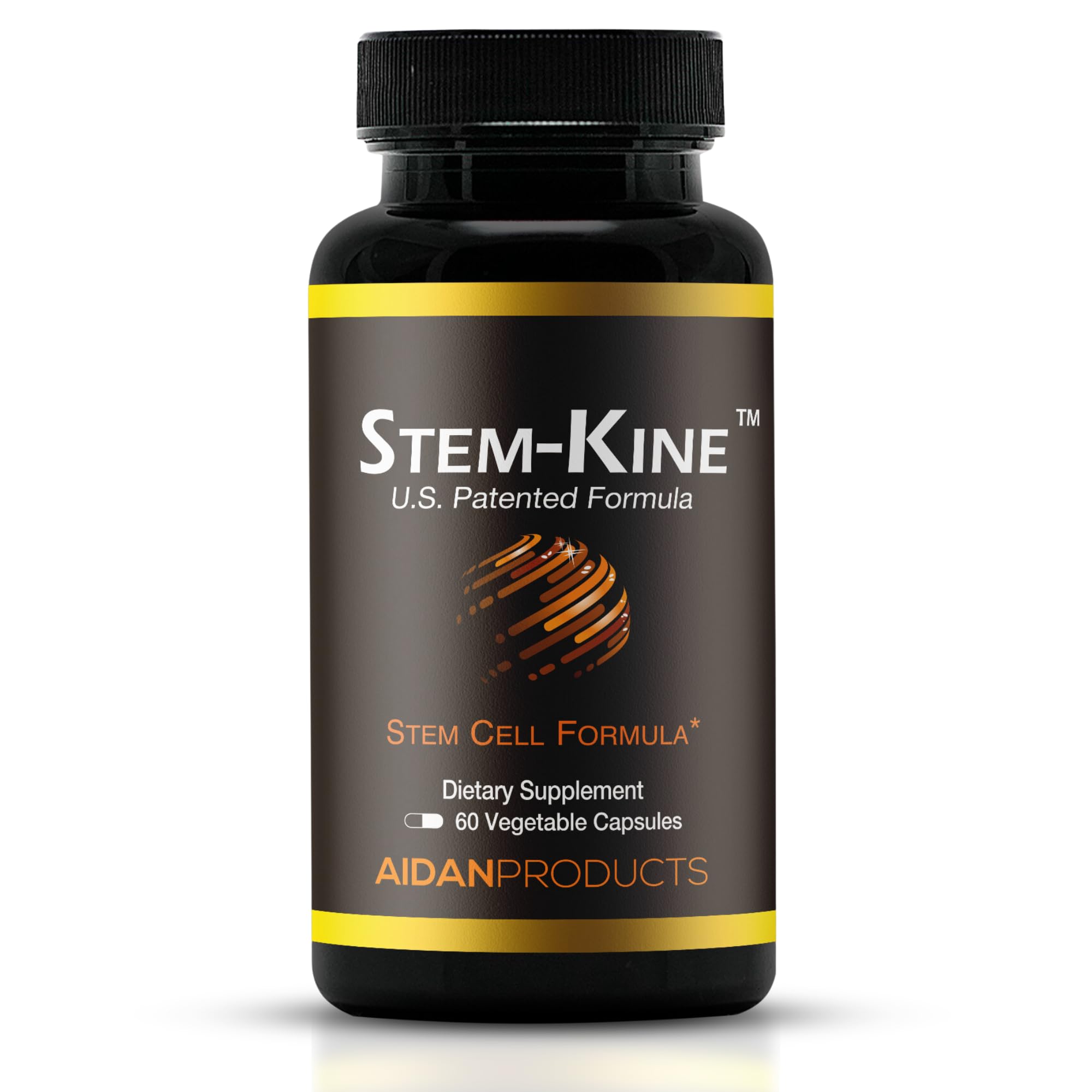 Aidan Products frasco frontal de Stem-Kine mostrando la presentación y beneficio de apoyo celular