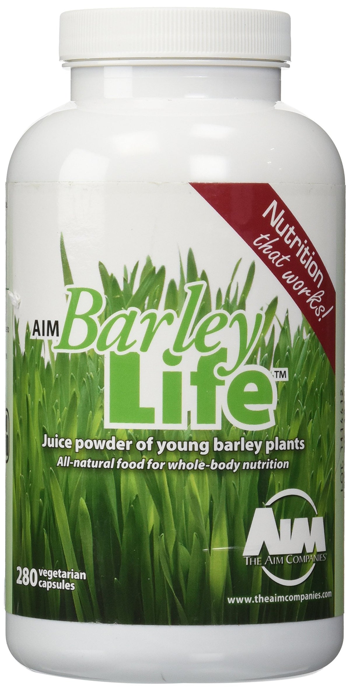 AIM BarleyLife frasco delantero mostrando etiqueta y beneficio práctico
