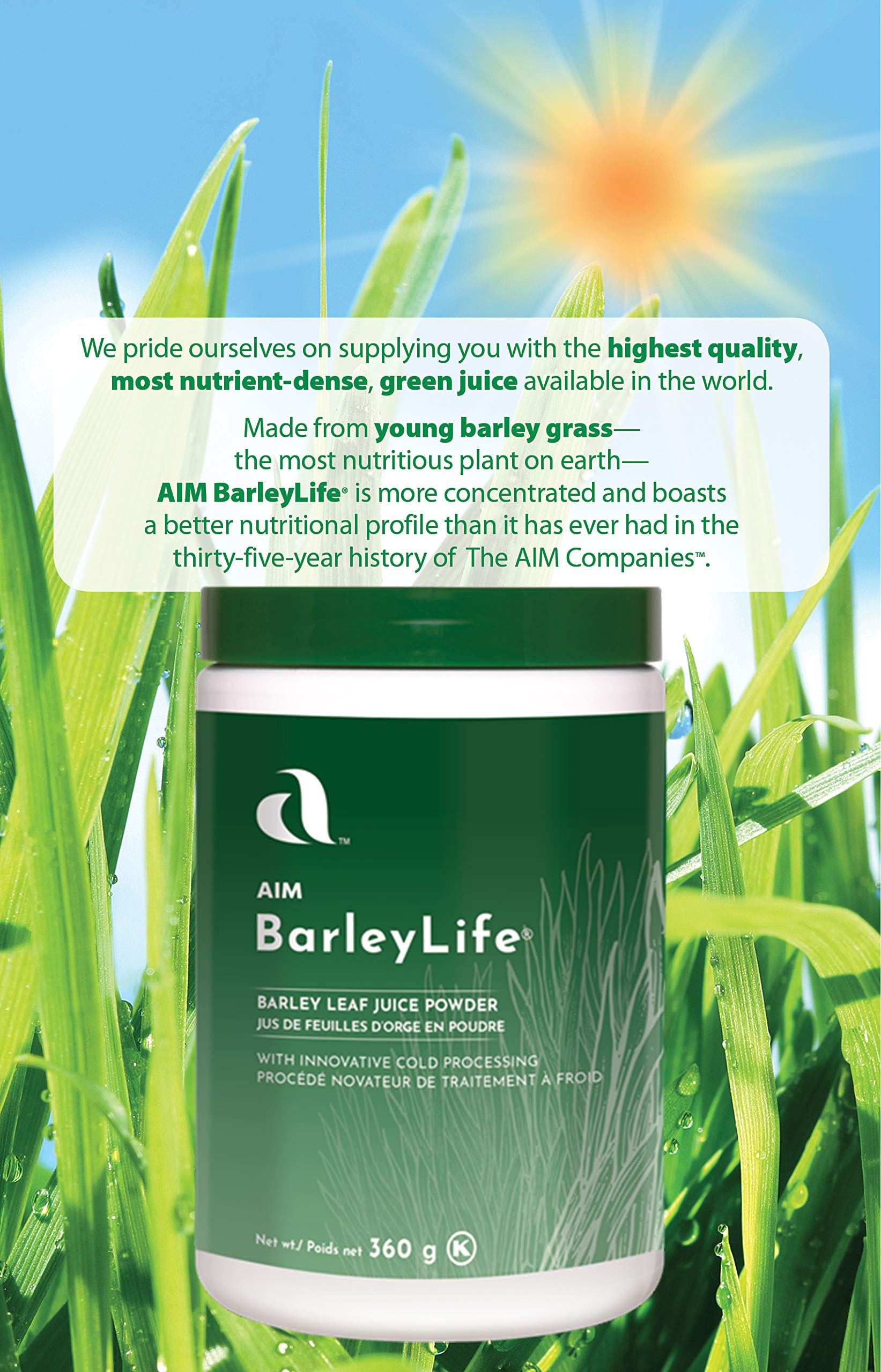 AIM BarleyLife envase junto a utensilios para comparar tamaño