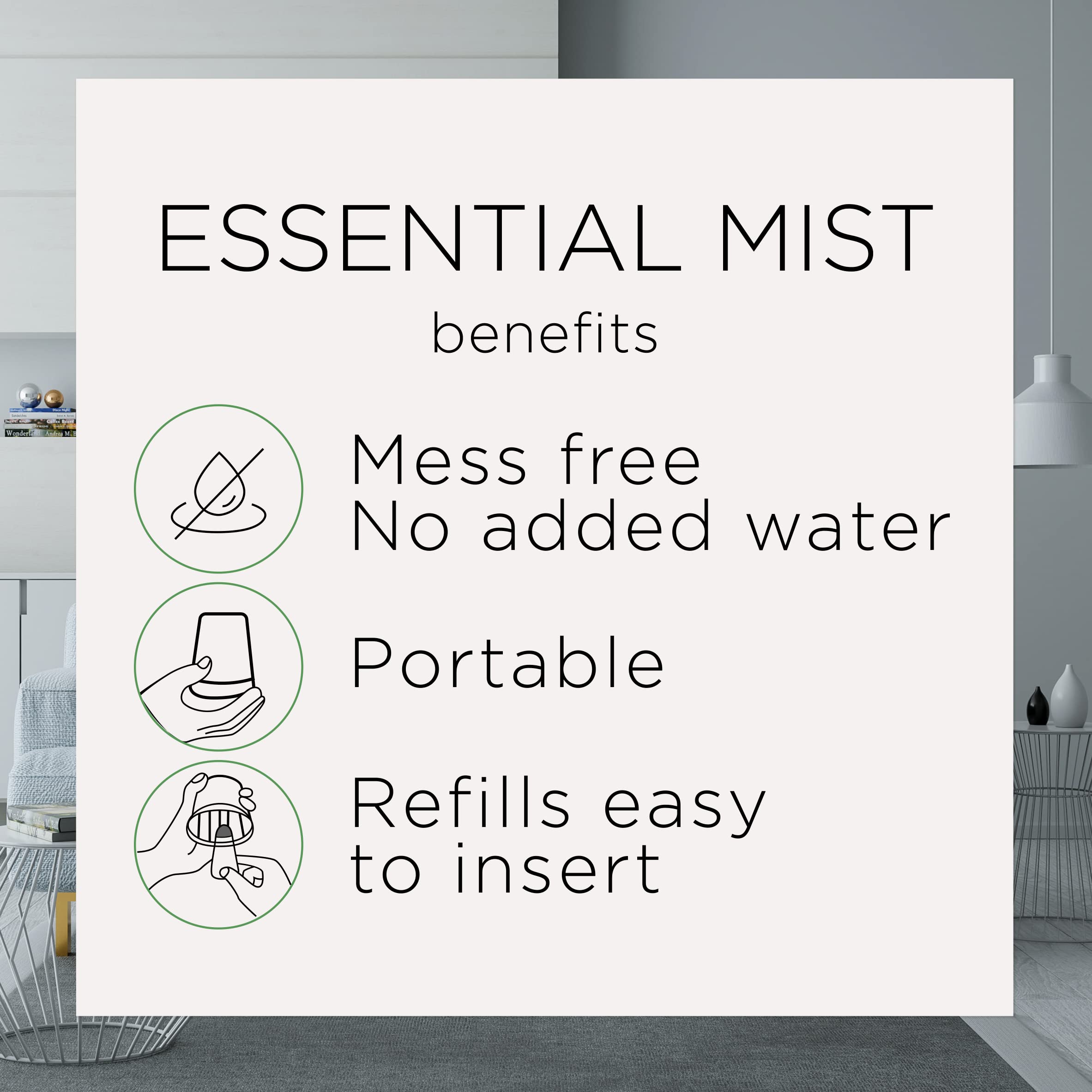Comparación de tamaño del difusor Air Wick Essential Mist junto a objetos cotidianos, portátil y compacto