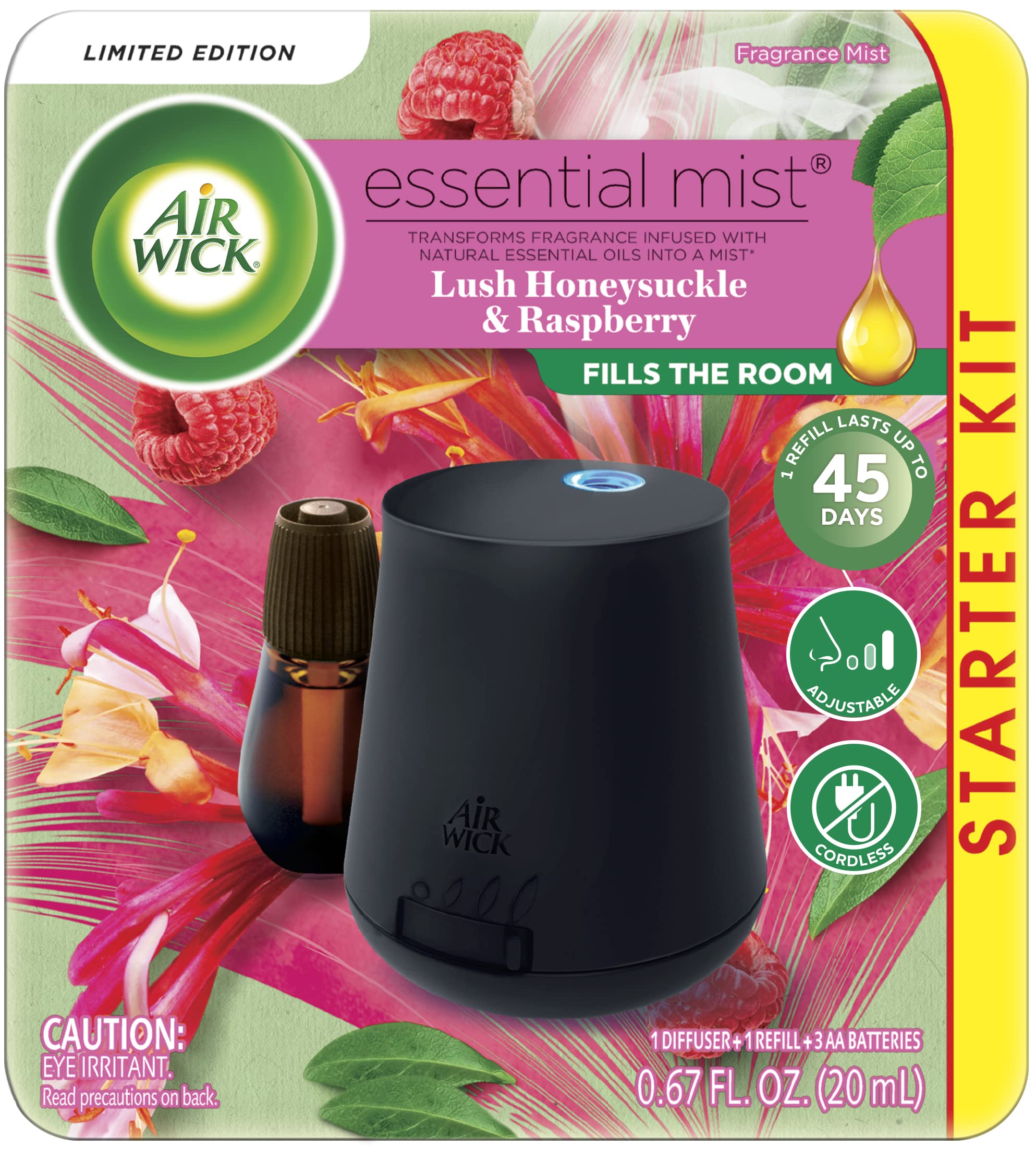 Air Wick difusor Essential Mist frontal mostrando diseño portátil y moderno, fácil de colocar