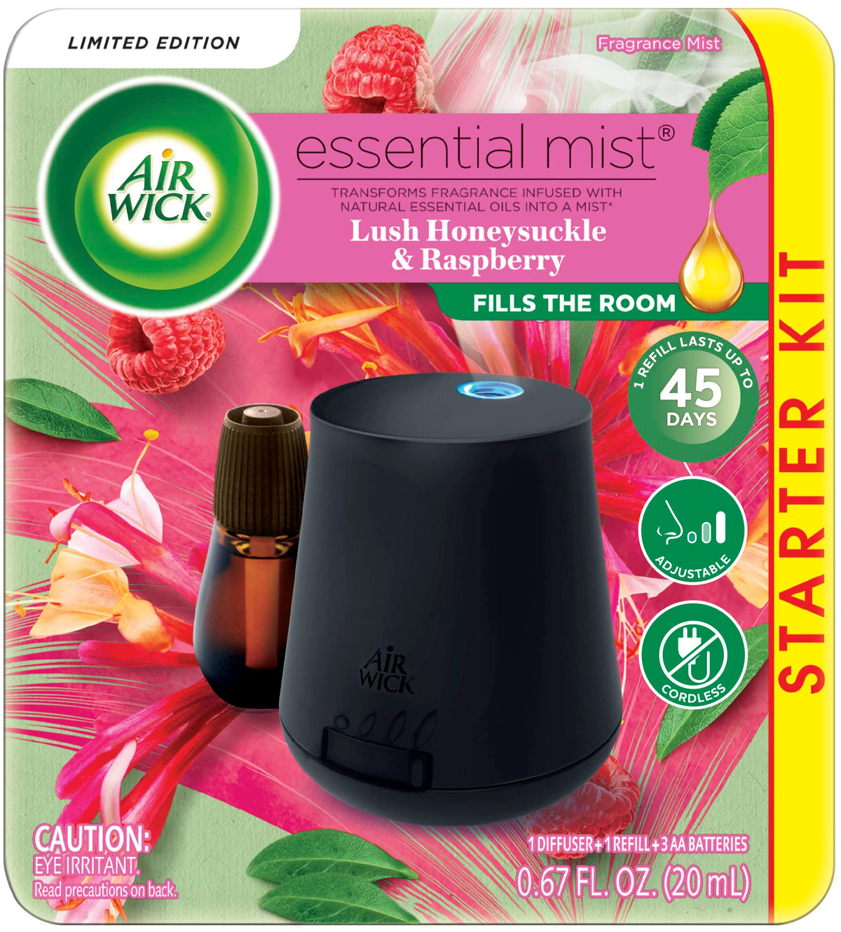 Air Wick difusor Essential Mist frontal mostrando diseño portátil y moderno, fácil de colocar