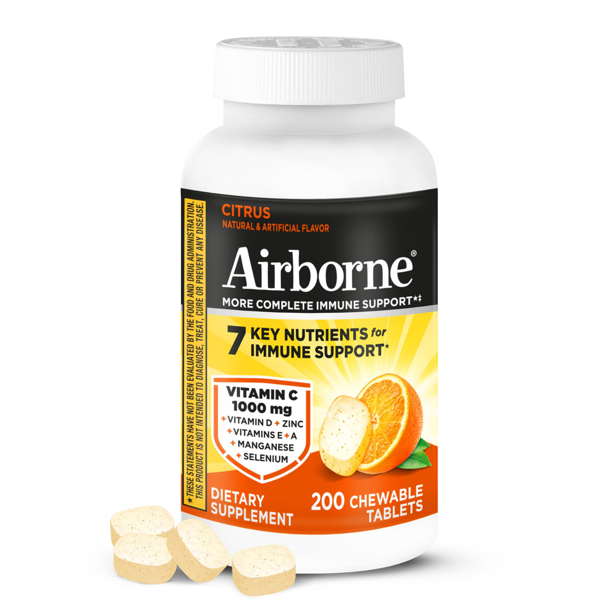 Airborne envase frontal que muestra 200 tabletas y marca visible