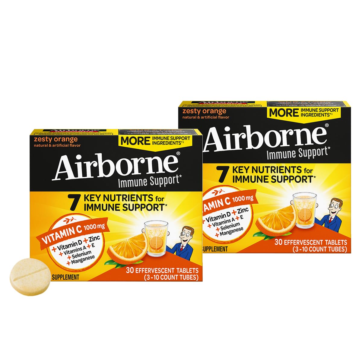 Airborne frente del empaque mostrando 30 tabletas y diseño naranja zesty, fácil identificación