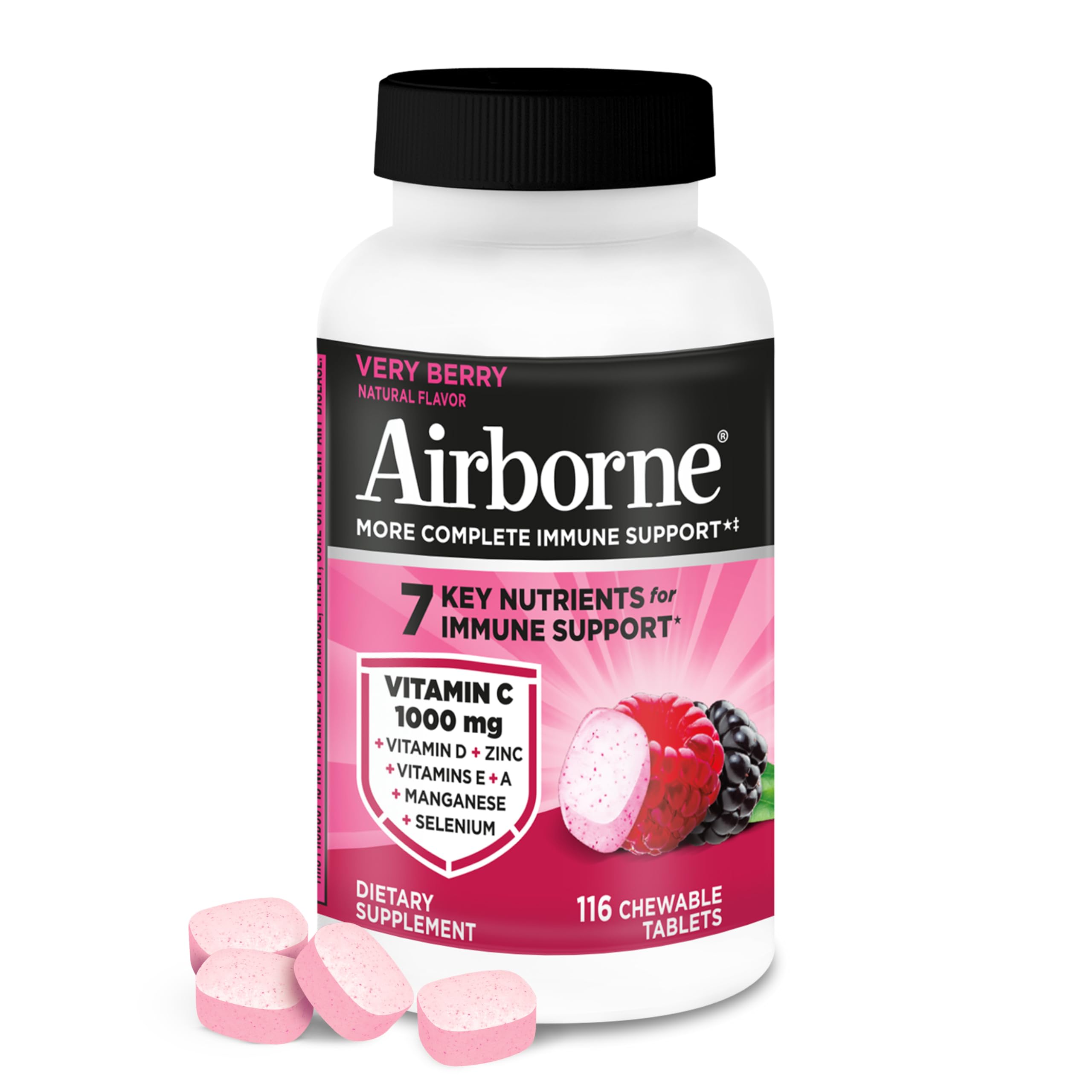 Airborne empaque frontal Very Berry mostrando cantidad 116 tabletas y conveniencia