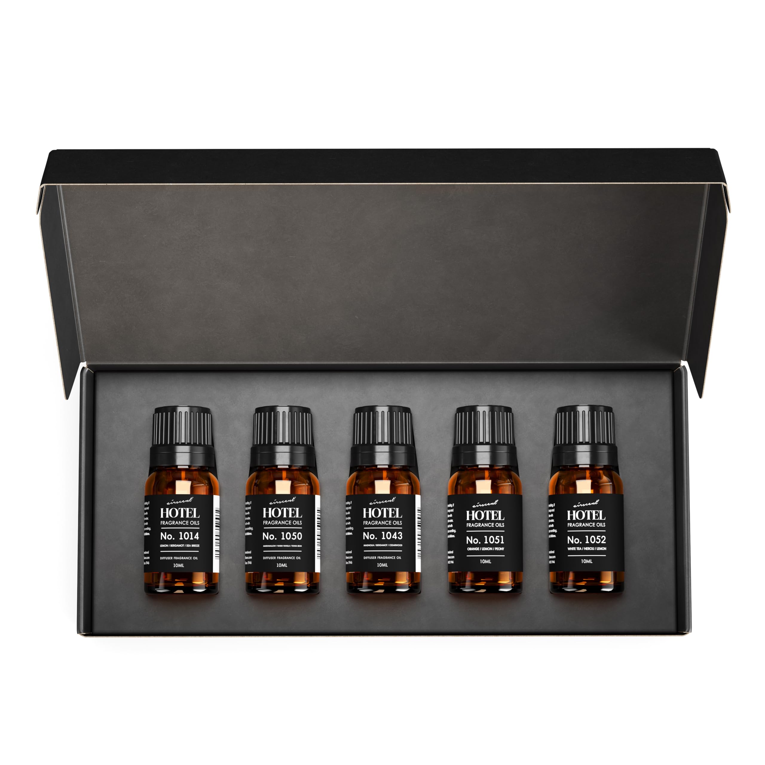 AirScent vista frontal del estuche mostrando cinco frascos, ideal para probar aromas