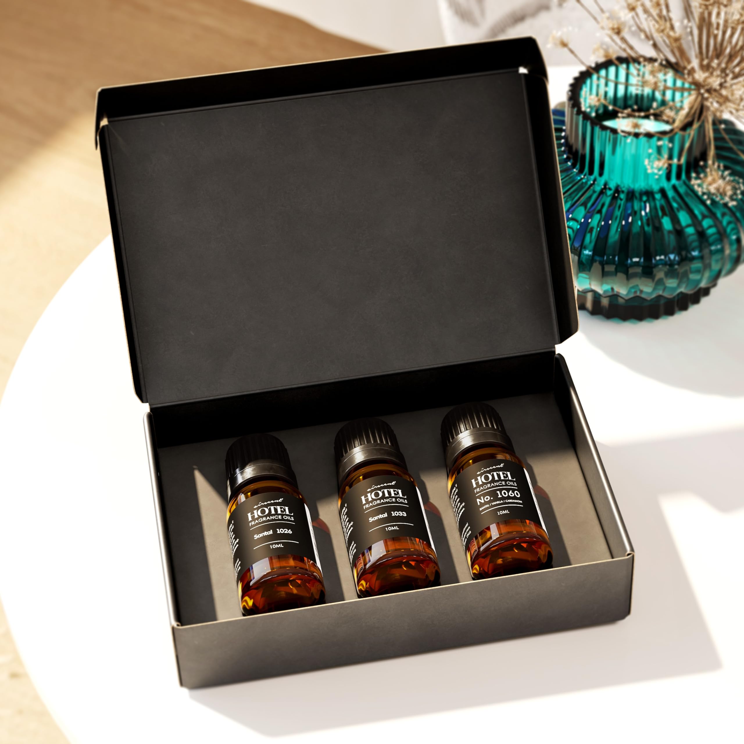 Air-Scent tres botellas alineadas, facilita elegir fragancia según ambiente