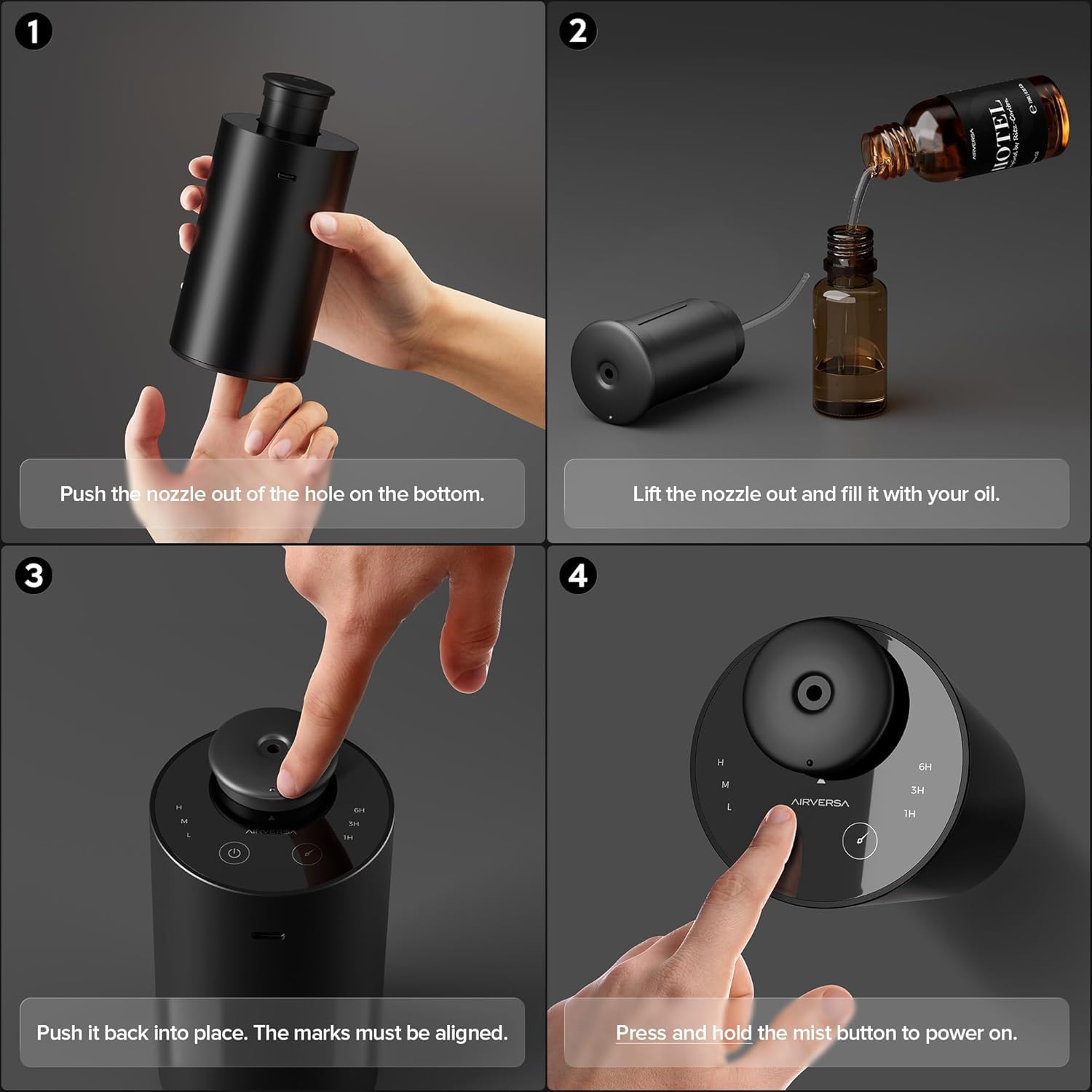 Airversa difusor ANX comparación de tamaño en portavasos muestra ajuste compacto práctico