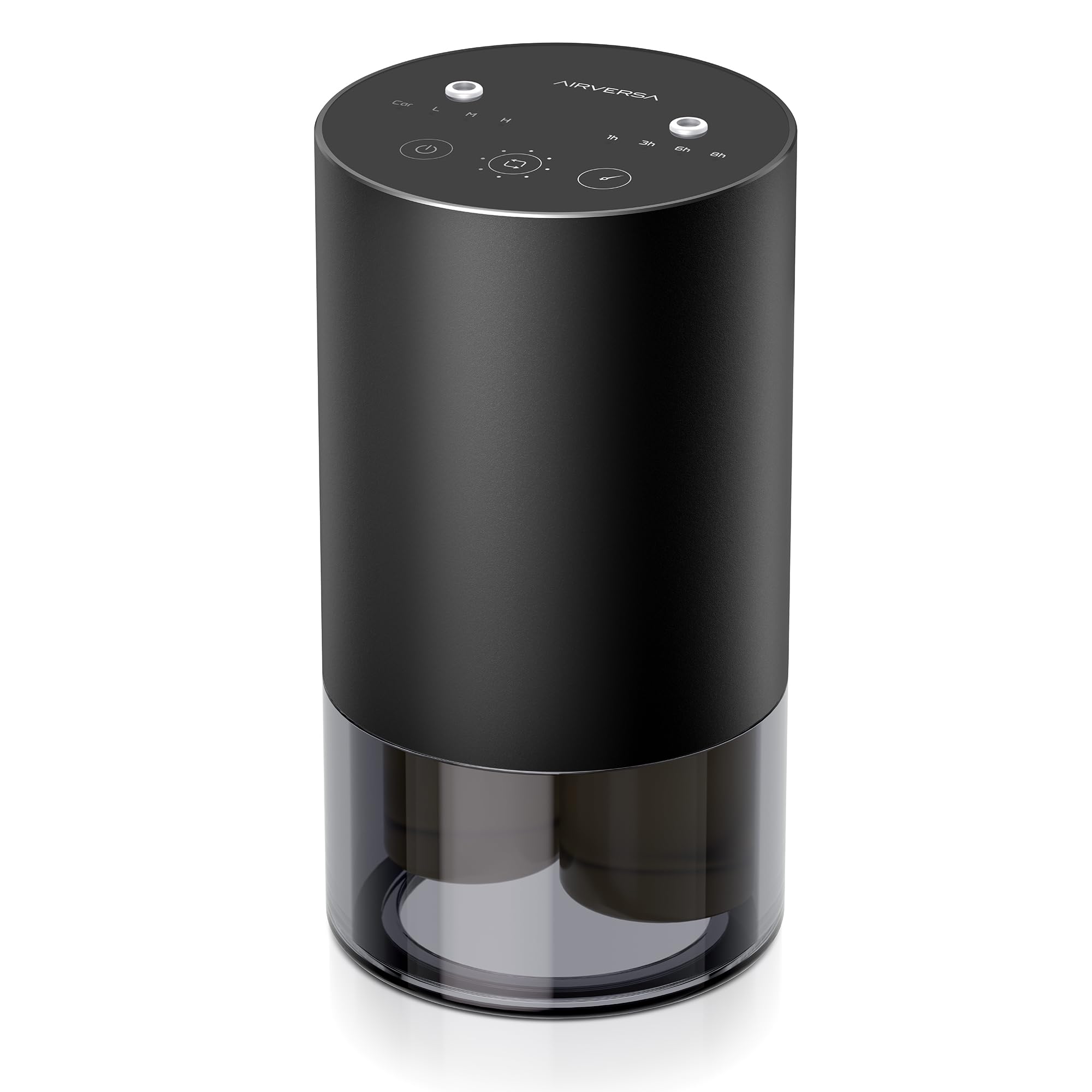 Airversa difusor frontal negro mostrando diseño cilíndrico elegante y minimalista