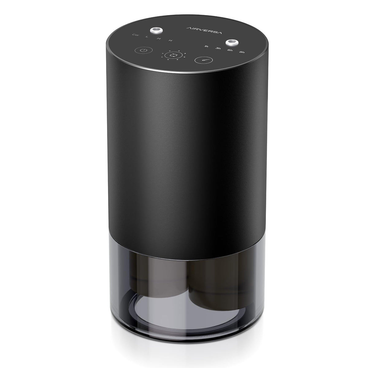 Airversa difusor frontal negro mostrando diseño cilíndrico elegante y minimalista