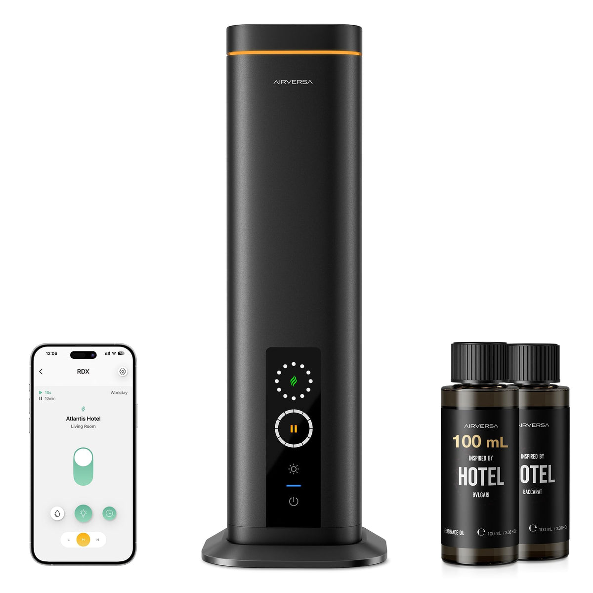 Airversa vista frontal del difusor elegante con acabado metálico y beneficio estético