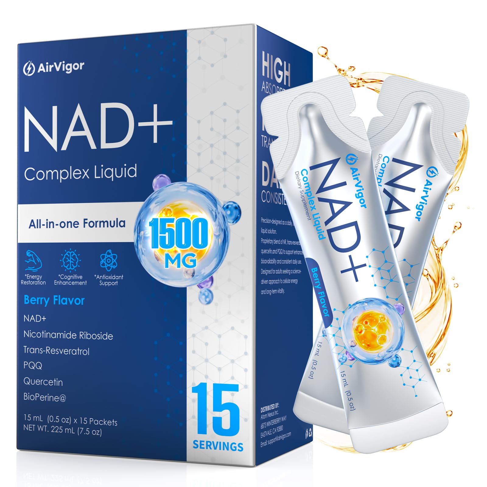 AirVigor pack frontal con sobres de NAD+ y presentación clara del producto