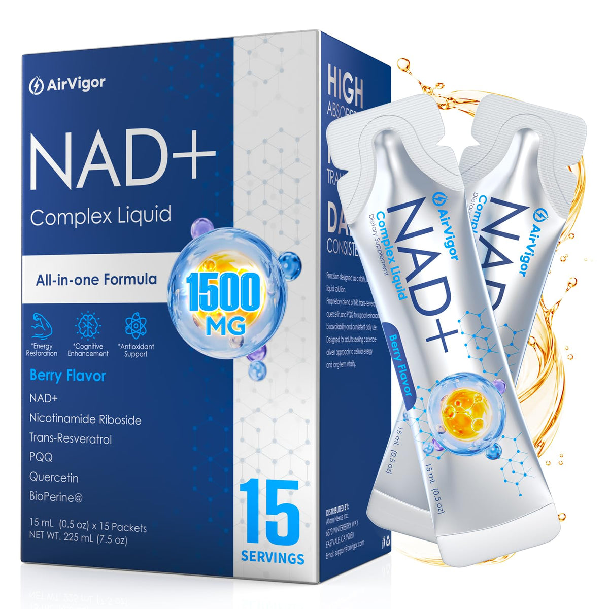AirVigor pack frontal con sobres de NAD+ y presentación clara del producto