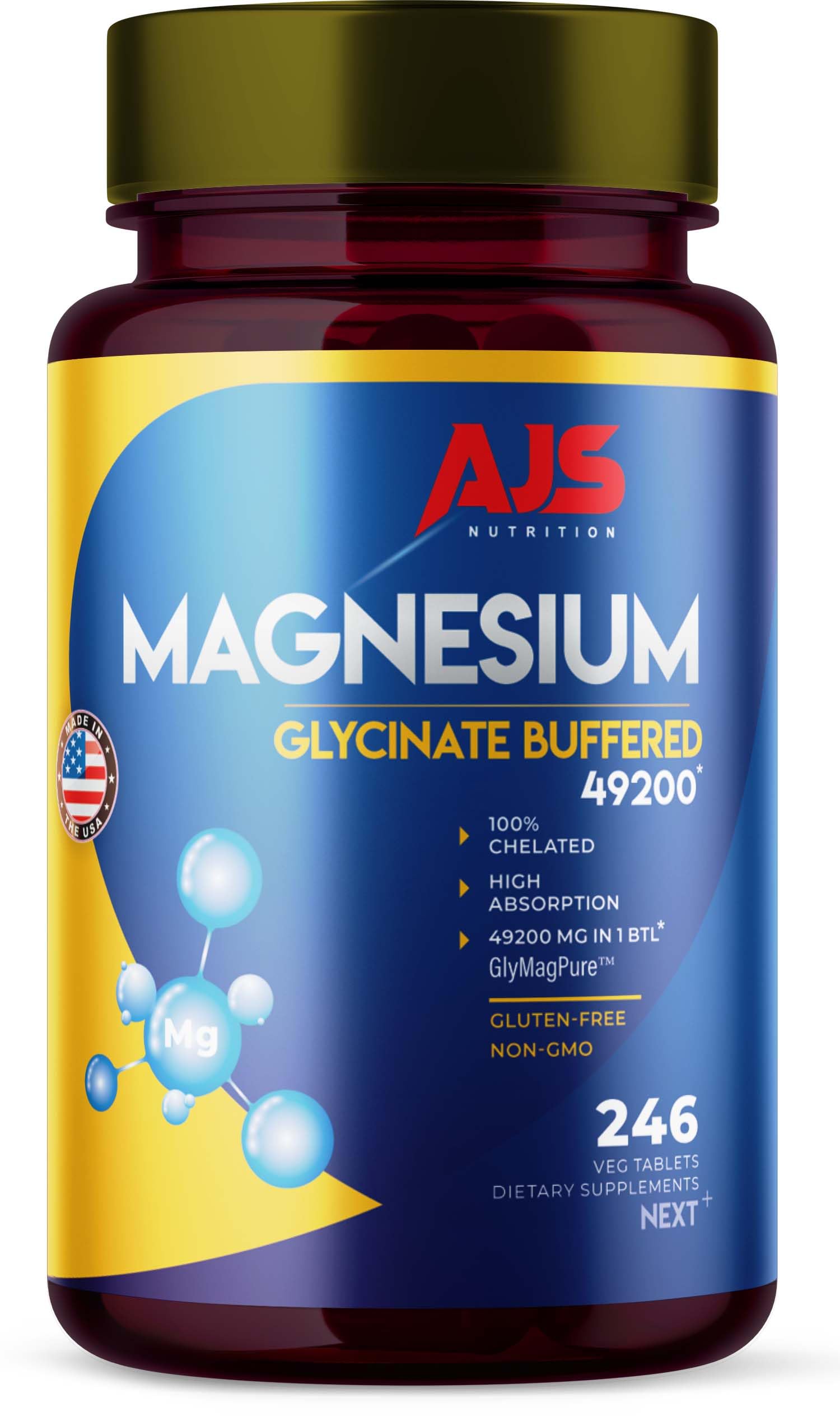 AJS Nutrition frasco frontal mostrando magnesio glicinato y beneficio de suministro prolongado