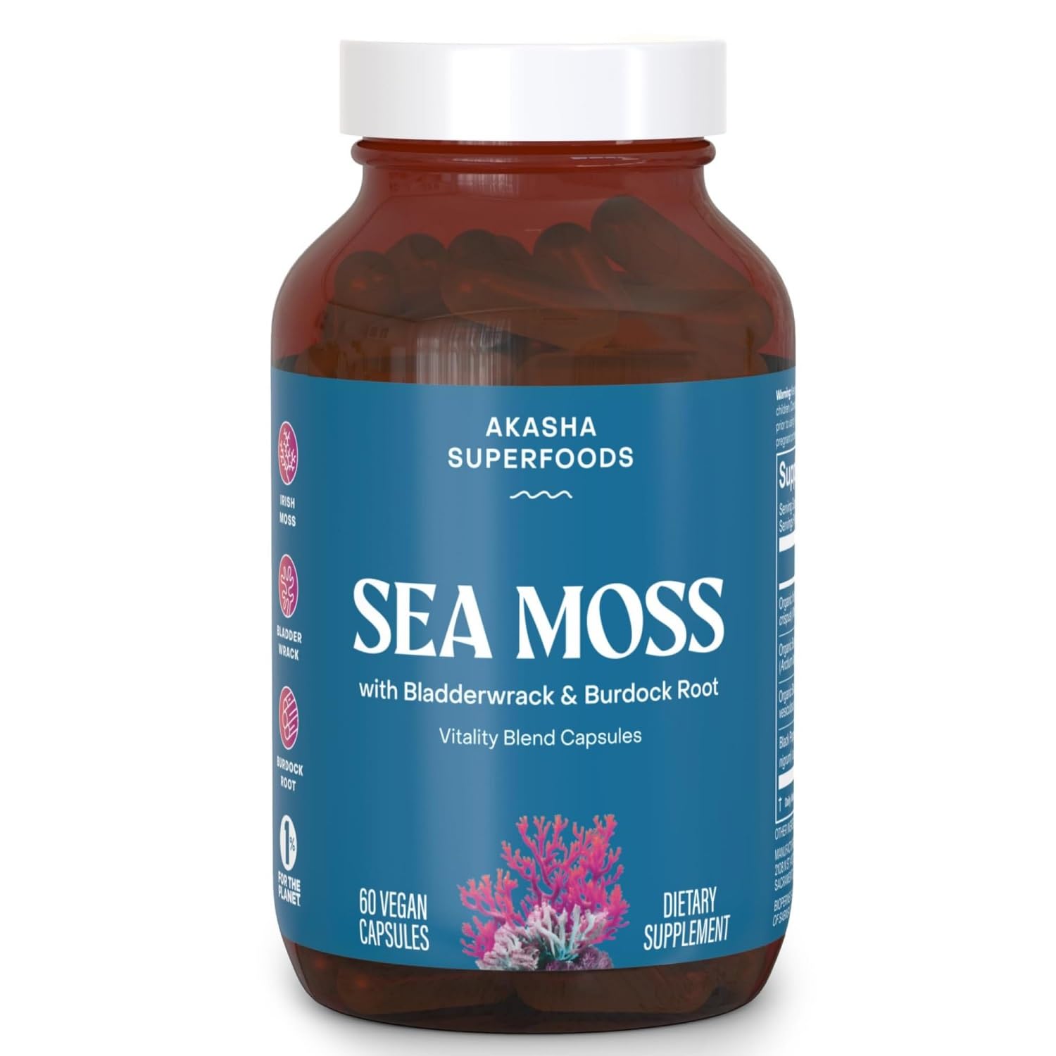 Akasha Sea Moss frente del empaque mostrando diseño y beneficios clave