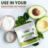 AKI ORGANIC cuchara con polvo de aguacate muestra porción precisa