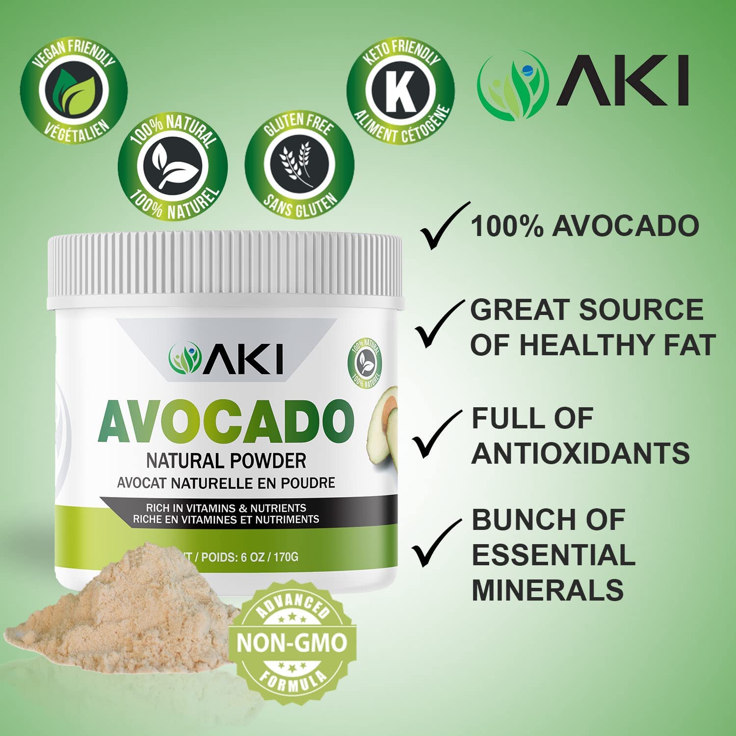 AKI ORGANIC polvo de aguacate incorporado en batido verde nutritivo
