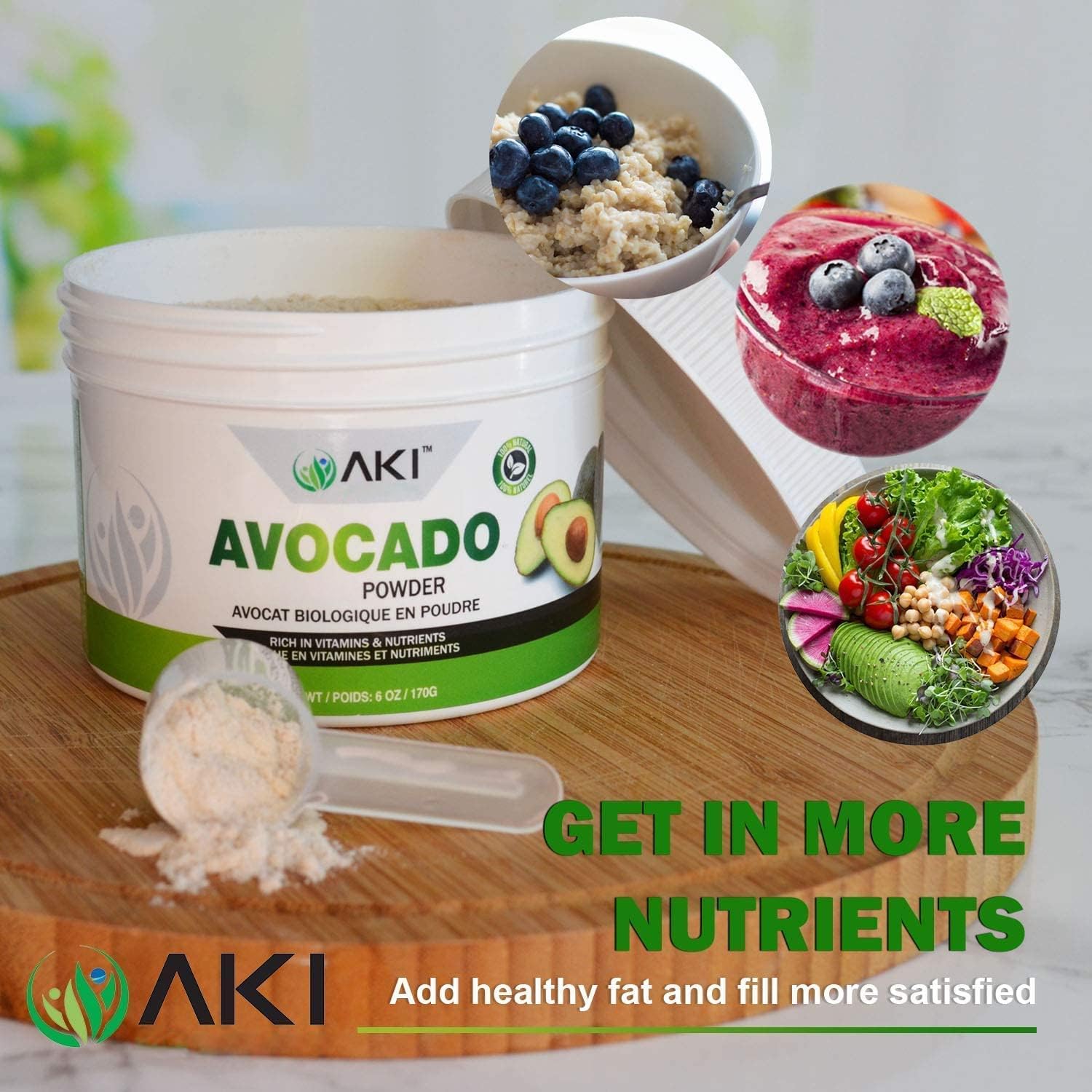 AKI ORGANIC aguacates Hass junto al polvo, destaca origen natural
