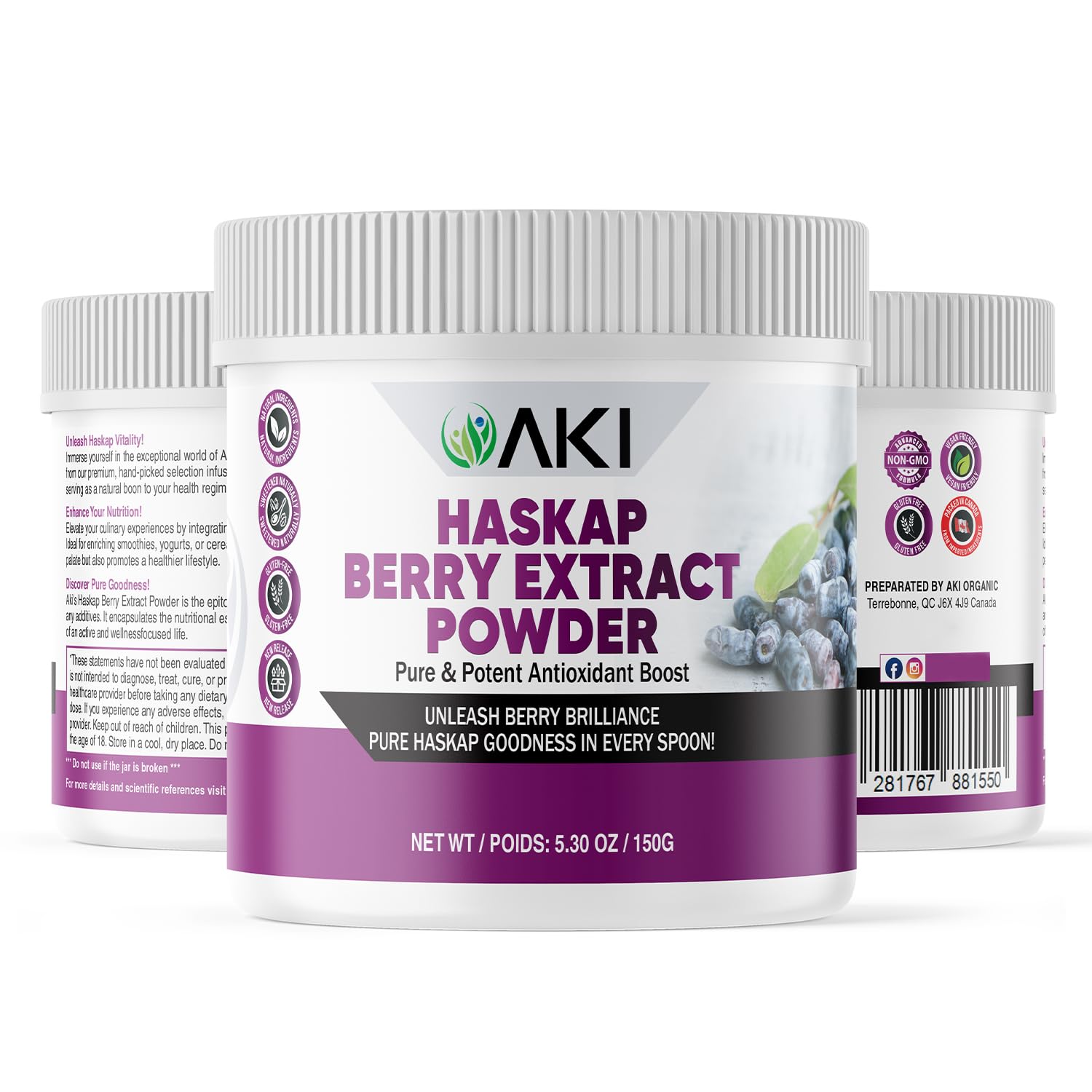 AKI ORGANIC detalle de la etiqueta con información de vitamina C y polifenoles