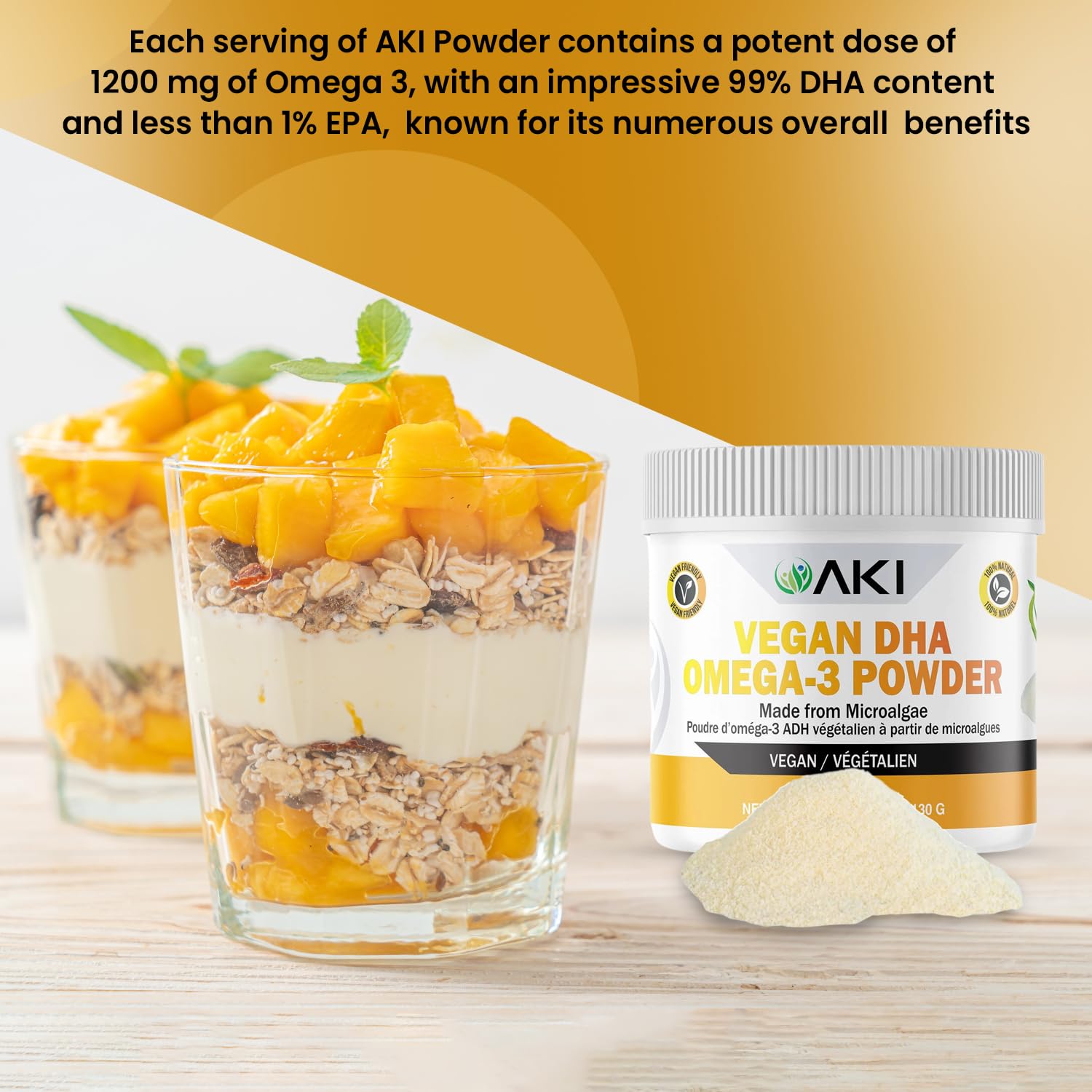 AKI ORGANIC polvo añadido a yogur para enriquecer desayunos
