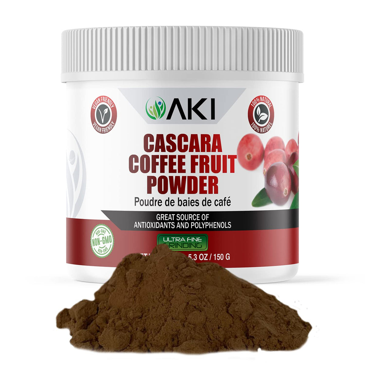 AKI ORGANIC empaque frontal mostrando polvo y beneficios naturales