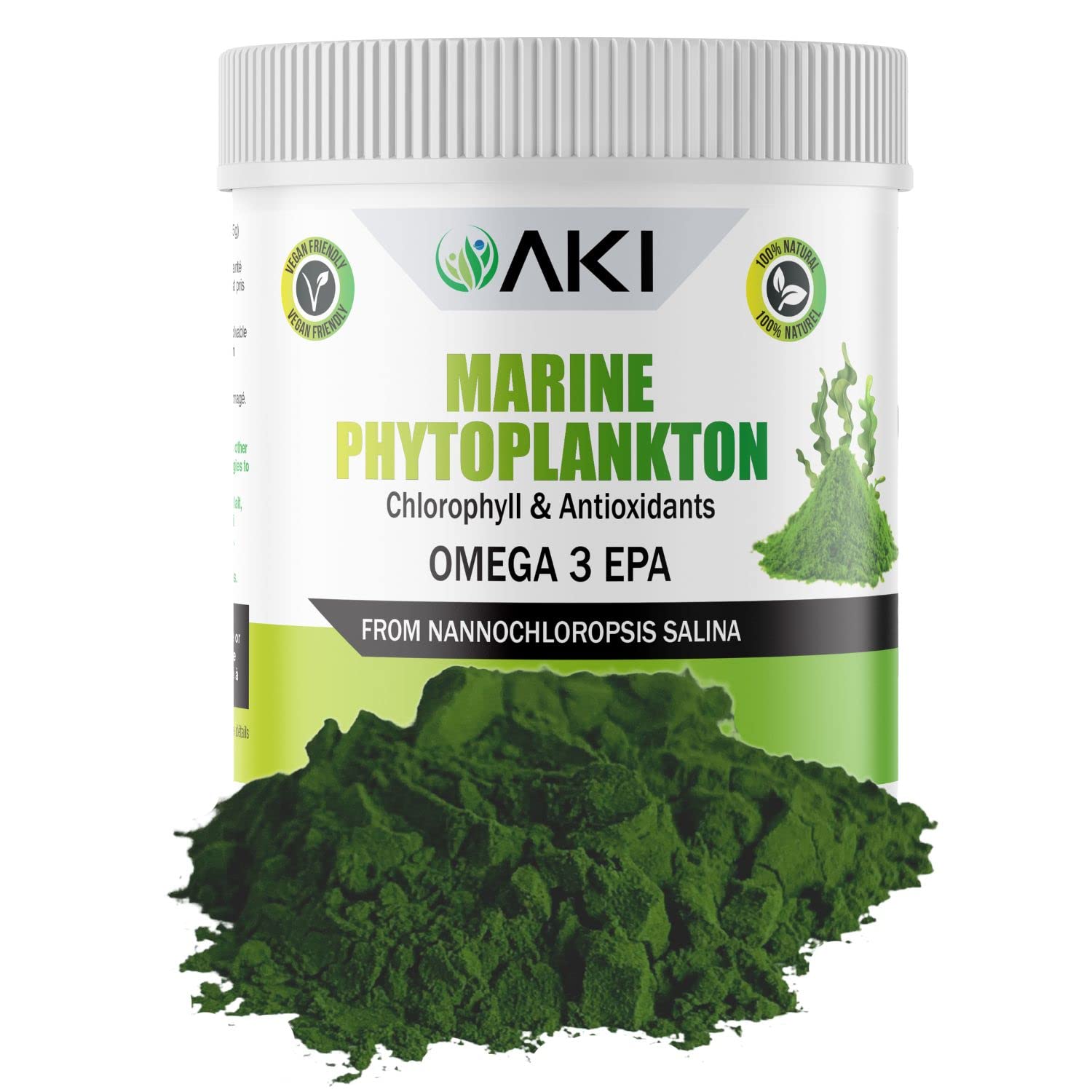 AKI ORGANIC frente del envase que muestra suplemento vegano y peso 57 g