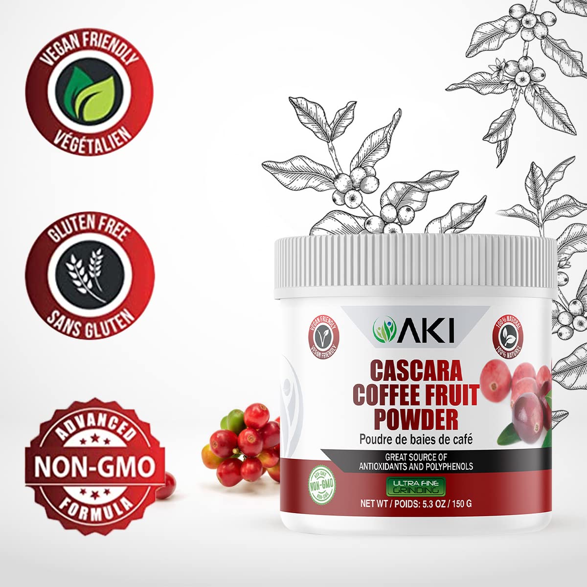 AKI ORGANIC cáscaras de café y polvo para origen sostenible
