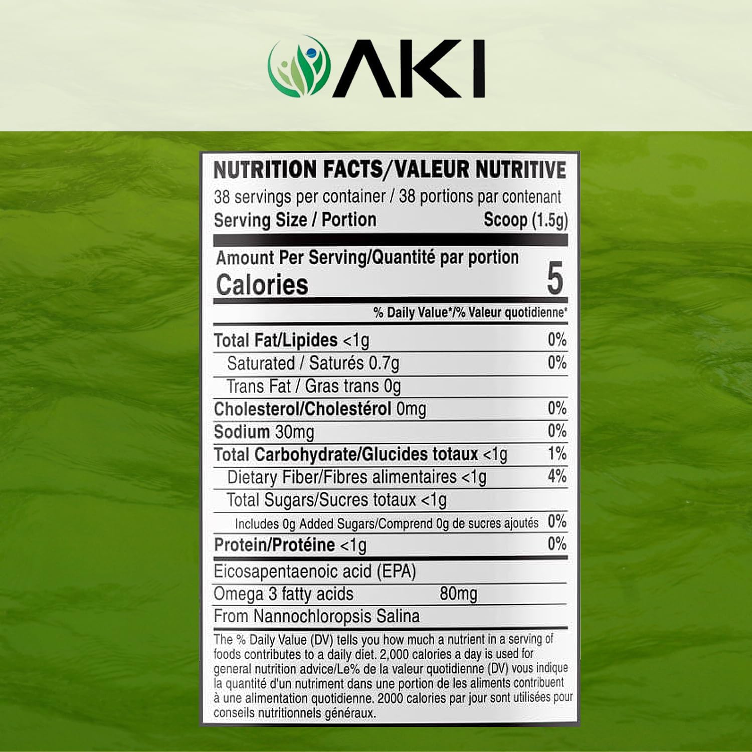 AKI ORGANIC textura en polvo del fitoplancton con aspecto fino y nutritivo