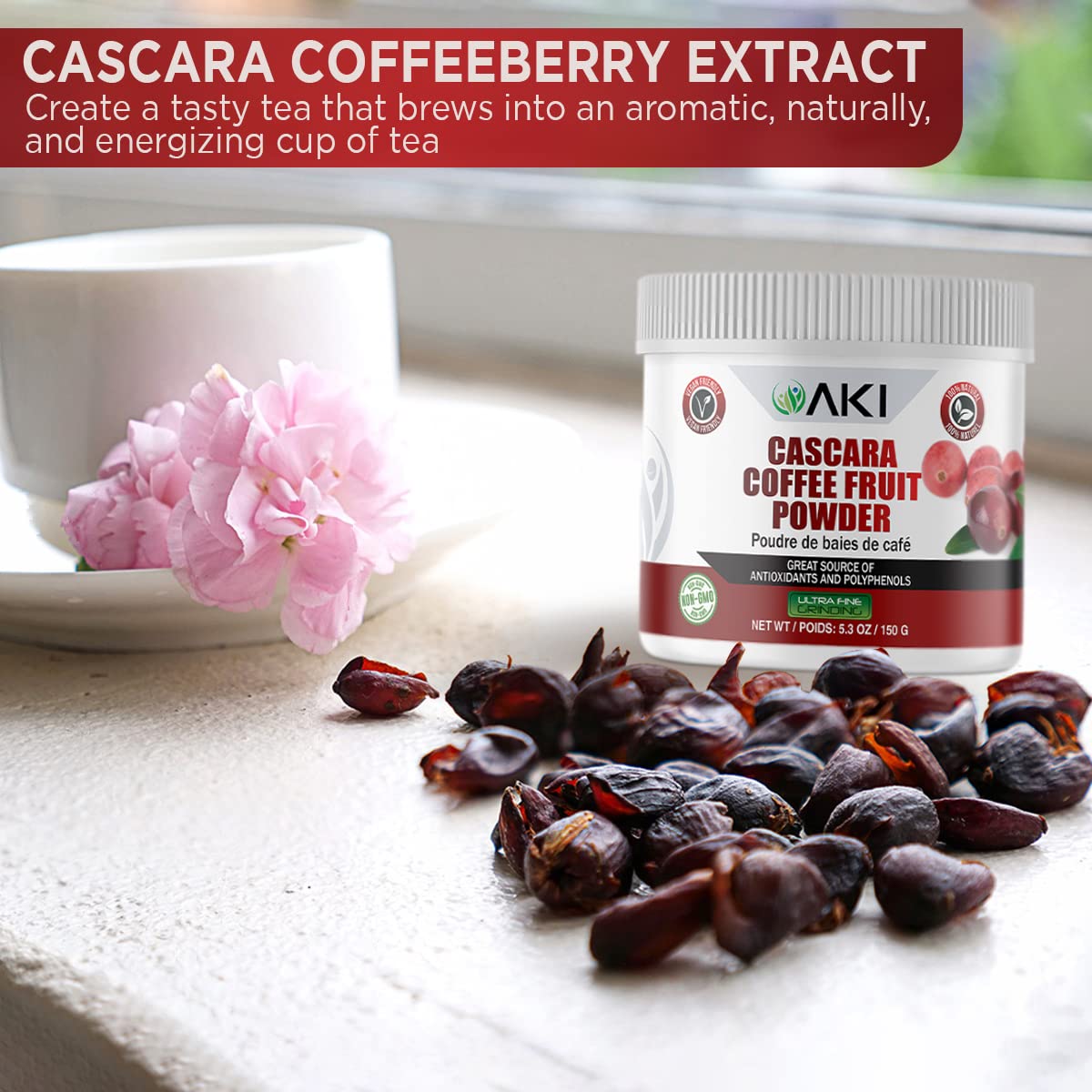 AKI ORGANIC taza con bebida preparada destacando sabor afrutado