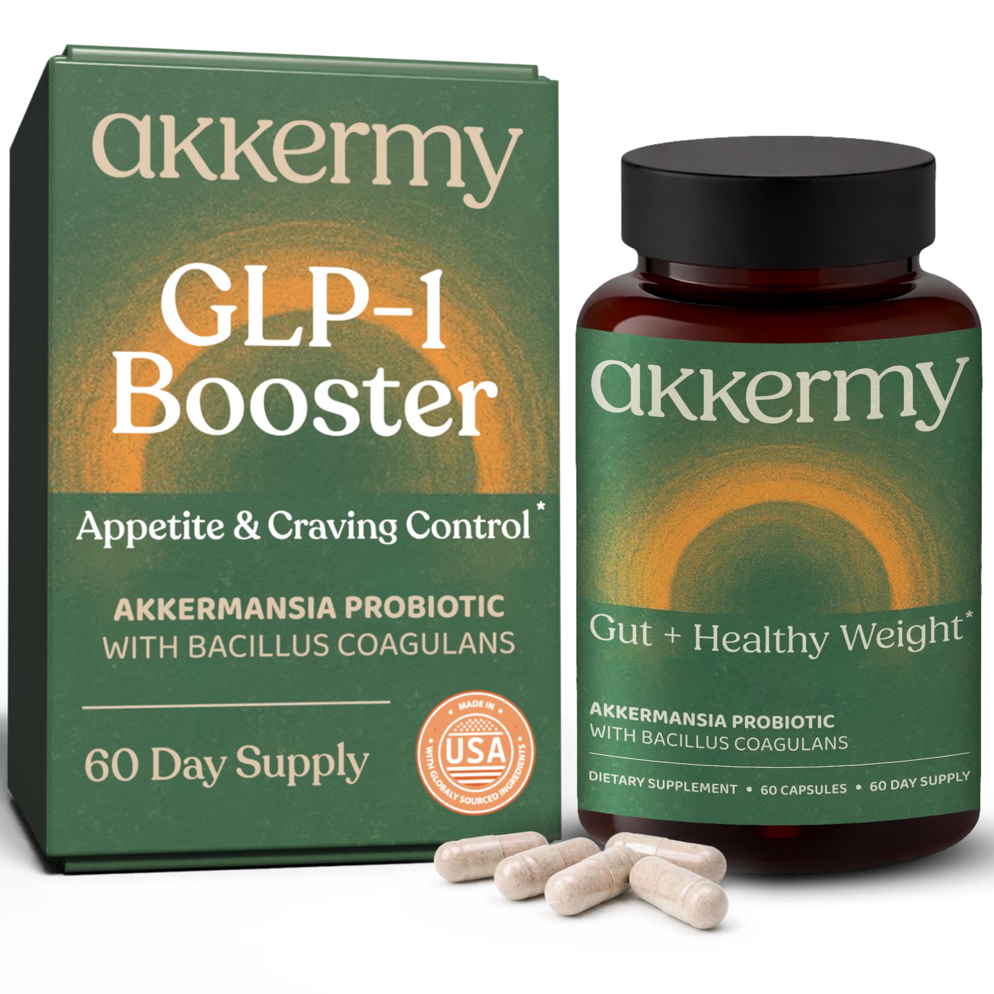 Akkermy envase frontal mostrando 60 cápsulas y beneficios clave