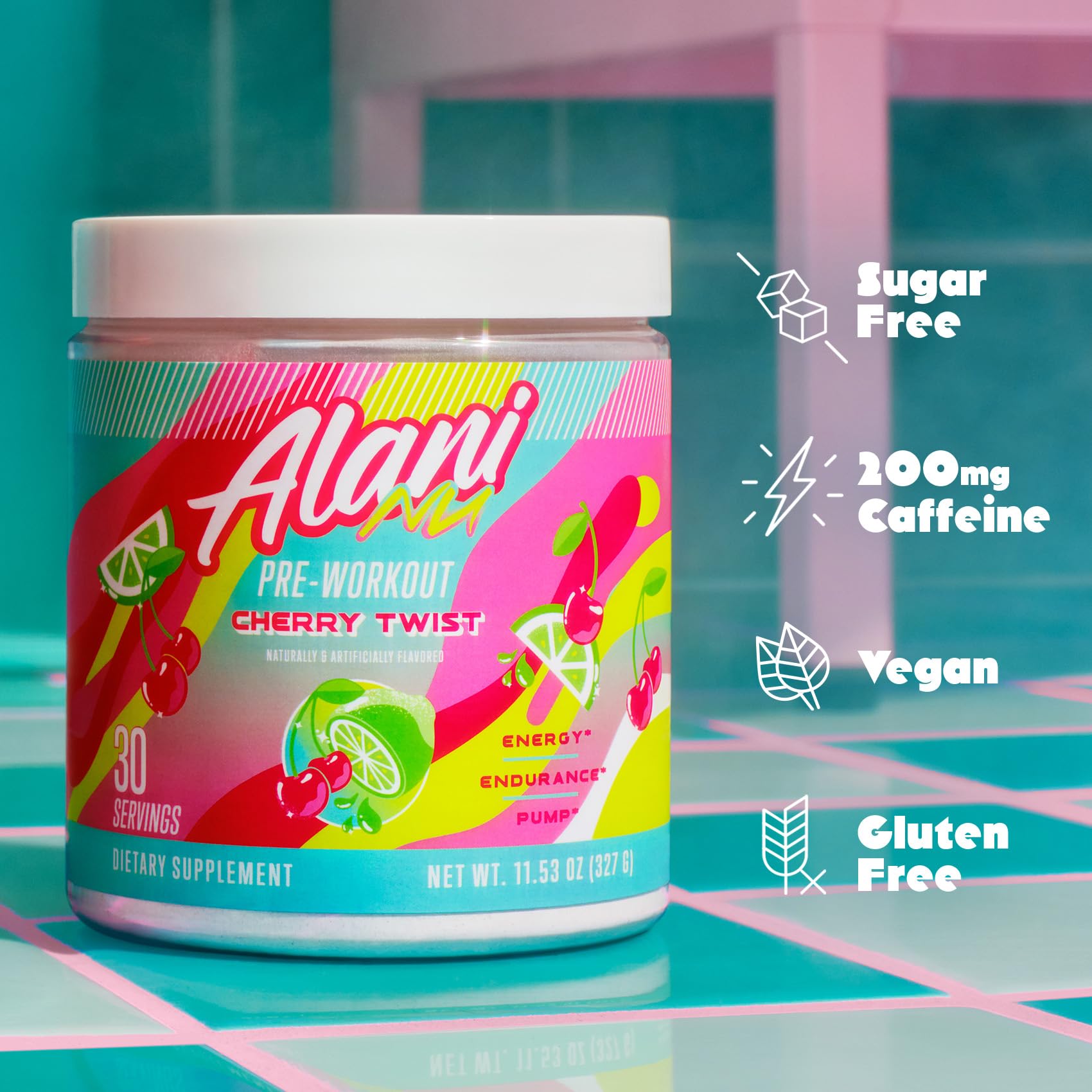 Etiqueta de Alani Nu con lista de ingredientes y contenido de 200 mg cafeína, beneficio transparencia